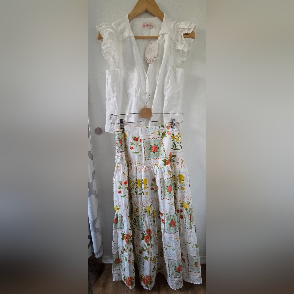 Ivy City Citrus Lemon Maxi Skirt And Flutter Sleeve Button Top 100% Cotton Xs S